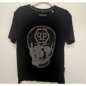 Philipp Plein Bling Skull rhinestones 2XL Designer Luxury Top. Black n Gold. FUN